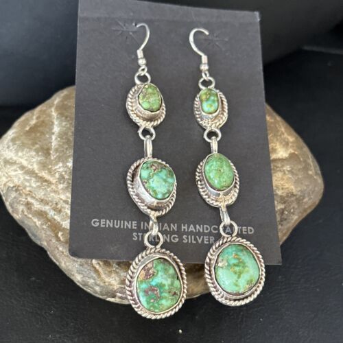 Navajo Green Sonoran Gold Turquoise Dangle Earrings | Sterling Silver | Authentic Native American Handmade | 14408