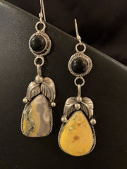 Native American Navajo Black Onyx Bumblebee Jasper Dangle Earrings | Sterling Silver | 2" | 1537