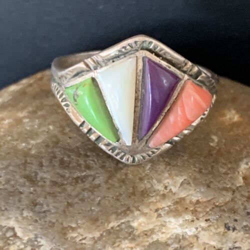 Navajo Multi-Color Gaspeite Sugilite Coral Mother of Pearl Inlay Ring | Sterling Silver | Sz 10.5 | 12397