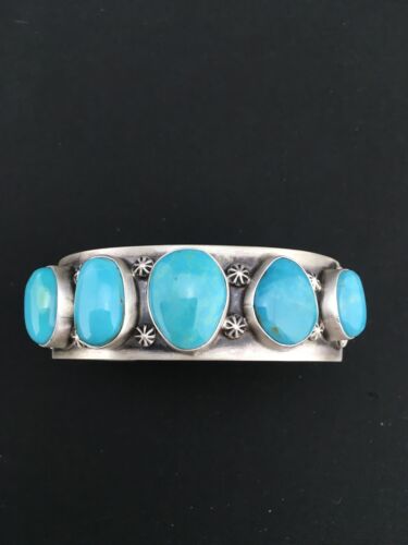 Navajo Men's Sterling Kingman Turquoise Bracelet | 5 Stone | Authentic Native American Handmade | 1304