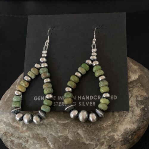 Navajo Green Turquoise Earrings | Sterling Silver | Native American Pearls Bead | 2" | 12889