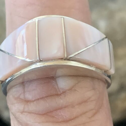 Navajo Pink Mother of Pearl Inlay Band Ring | Sz 8 | Authentic Native American Handmade | 12413
