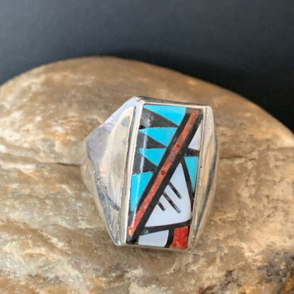 XL Zuni Men's Spiny Blue Turquoise Inlay Ring | Sterling Silver | Sz 15 | 12427