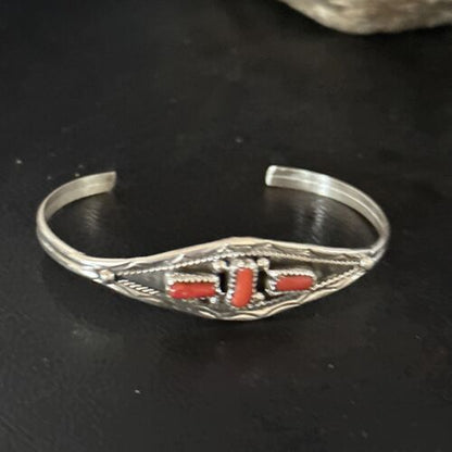 Native American Navajo Red Coral Cuff Bracelet | Sterling Silver | Authentic Handmade | 14592