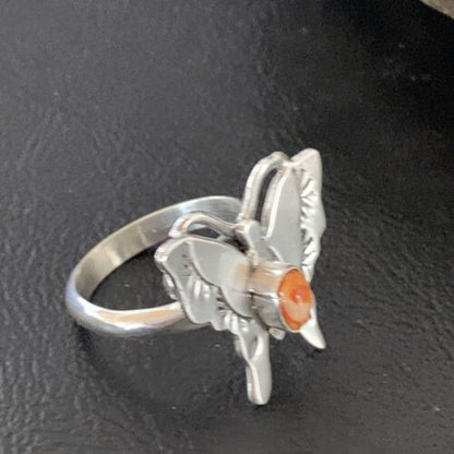 Navajo Orange Spiny Oyster Butterfly Ring | Sterling Silver | Sz Adj 8 | Authentic Native American Handmade | 10343