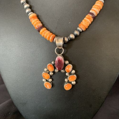 Navajo Sterling Silver Necklace | Orange Spiny Oyster Cluster Naja Pendant | 13165