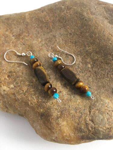 Navajo Turquoise & Tiger's Eye Earrings | Sterling Silver | Authentic Native American Handmade | 8863