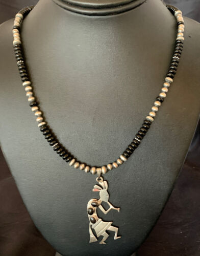 Navajo Kokopelli Pendant with Pearls, Black Onyx, and Multi-Stone | Authentic Native American Sterling Silver | 12284