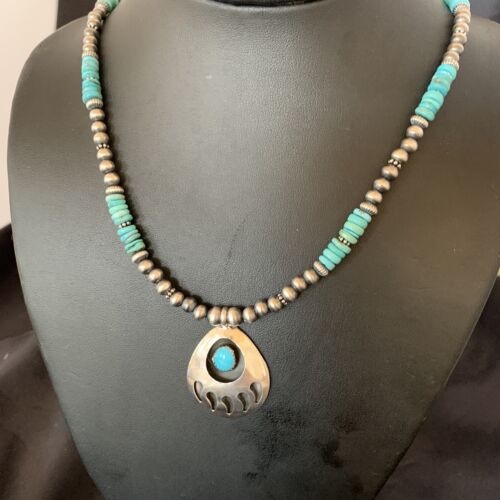Navajo Bear Paw Pendant Necklace | Sterling Silver | Blue Turquoise | Men's | Authentic Native American Handmade | 12550