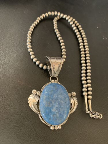 Navajo Denim Lapis Necklace with Pendant | Sterling Silver | Authentic Native American Handmade | 12442