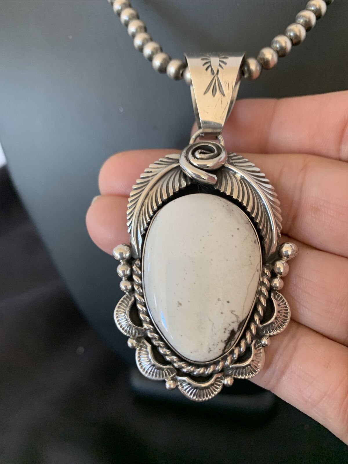 Navajo Pearls | Sterling Silver White Buffalo Turquoise Necklace Pendant 10943