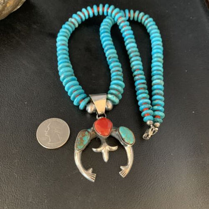 Navajo Sterling Silver Necklace with Blue Turquoise & Coral Naja Pendant | 13746