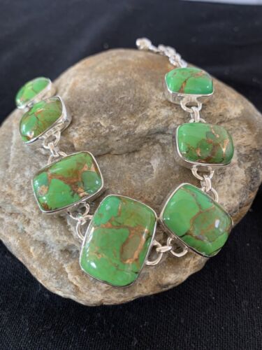 Navajo Green Mojave Turquoise Link Bracelet | Sterling Silver | 8.5" | Authentic Native American Handmade | 662