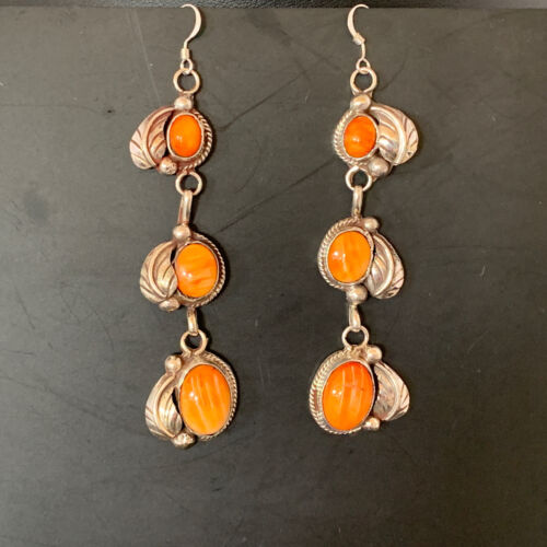 Navajo Orange Spiny Oyster Dangle Earrings | Sterling Silver | Authentic Native American Handmade | 1226