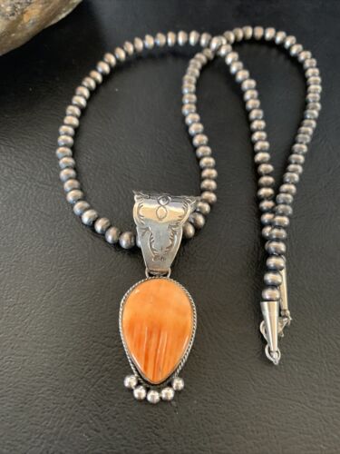 Navajo Orange Spiny Oyster Pendant Necklace | Sterling Silver | Authentic Native American Handmade | 13075