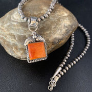 Navajo Orange Spiny Oyster Pendant | Sterling Silver Square Necklace | Authentic Native American Handmade | 13641