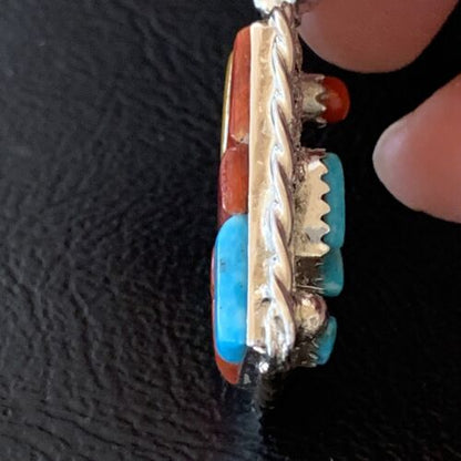 Zuni Yellow Mother of Pearl Turquoise Coral Inlay Sun Face Pendant | Sterling Silver | 2-Sided | 1684