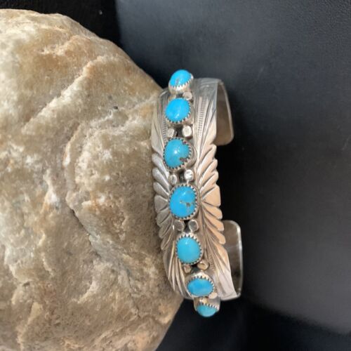 Navajo Blue Kingman Turquoise Cuff Bracelet | Sterling Silver | 7 Stone | Authentic Native American Handmade | 14212