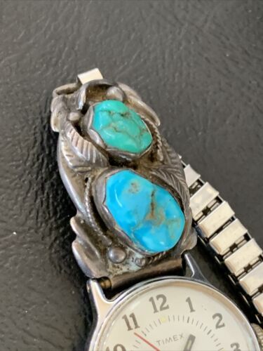 Navajo Women's Sterling Silver Watch Tips with Blue Turquoise Band | Authentic Native American Jewelry | Old Pawn | 12140