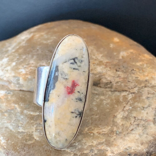 Southwestern Navajo Cinnabrite Ring | White Black | Sterling Silver | Sz 6.5 | 01548