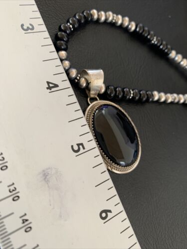 Men's Navajo Black Onyx Necklace Pendant | Sterling Silver Pearls | Authentic Native American Handmade | 11741