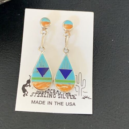 Navajo Multi-Color Turquoise Spiny Opal Inlay Earrings | Sterling Silver | 1.5" | 12010