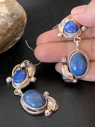 Native American Navajo Denim Lapis Dangle Earrings | Sterling Silver | 2" | 01866