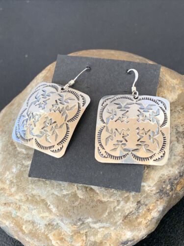 Native American Women's Dangle Earrings | Navajo Sterling Silver Stamped Handmade | 1658