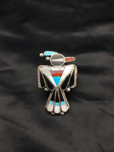 Zuni Coral, Turquoise & Onyx Inlay Bird Ring | Sterling Silver | Sz 3.5 | Authentic Native American Handmade | 2630 - Masha USA