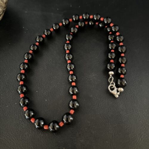Men's Navajo Bamboo Coral Black Onyx Necklace | Sterling Silver | 20" | Authentic Native American Handmade | 14365