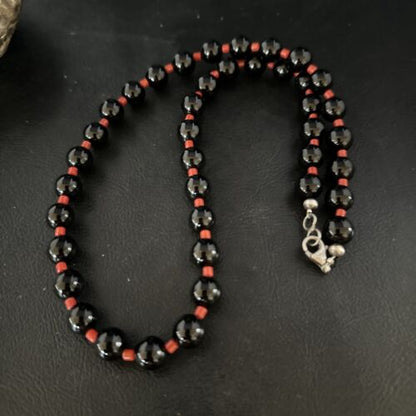 Men's Navajo Bamboo Coral Black Onyx Necklace | Sterling Silver | 20" | Authentic Native American Handmade | 14365