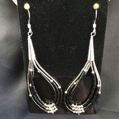 Handmade Liquid Sterling Silver Heishi Dangle Earrings | Black Onyx Tube | 2.25" | 2017
