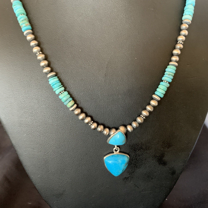 Navajo Pearl Necklace with Blue Cluster Turquoise Multi-Stone Pendant | Authentic Native American Sterling Silver | 12549