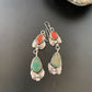 Navajo Green Royston Turquoise Red Coral Dangle Earrings | Sterling Silver | Authentic Native American Handmade | 2058