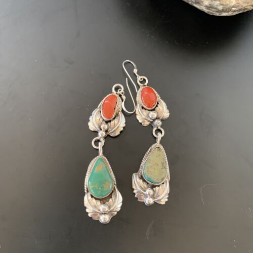 Navajo Green Royston Turquoise Red Coral Dangle Earrings | Sterling Silver | Authentic Native American Handmade | 2058