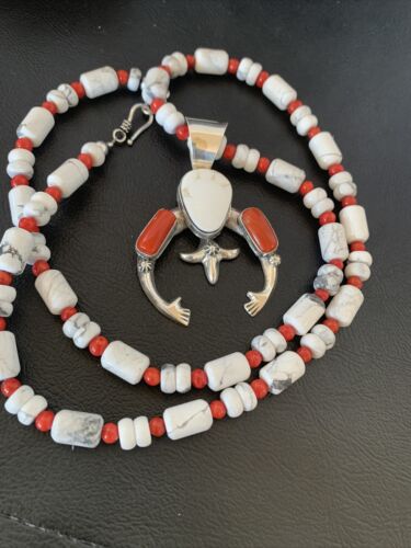 Navajo White Buffalo Turquoise Coral Naja Pendant | Sterling Silver | Authentic Native American Handmade | 10516