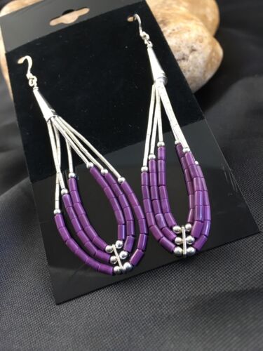 Handmade Liquid Silver Heishi Tube Beads Sugilite Earrings | Sterling Silver | 2" | 1985