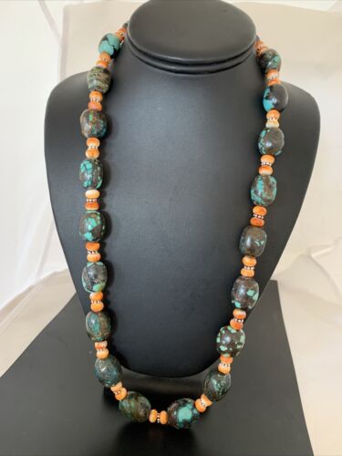 Navajo Green Turquoise & Orange Spiny Oyster Necklace | Sterling Silver | 25" | Authentic Native American Handmade | 1849