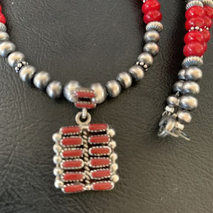 Southwestern Zuni Red Coral Corn Inlay Necklace Pendant | Sterling Silver | 21" | 12588