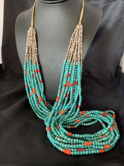 Southwestern Santo Domingo Coral Spiny Blue Turquoise Necklace | 38" | Authentic Native American Handmade | 12050