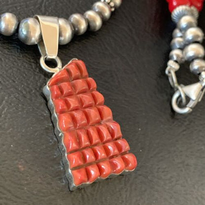 Navajo Red Coral Corn Inlay Necklace Pendant | Sterling Silver | 21" | Authentic Native American Handmade | 12584