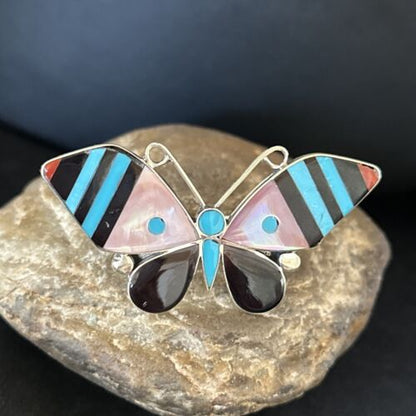 Zuni Butterfly Inlay Ring | Coral Turquoise Onyx Mother of Pearl | Sz 7 | Sterling Silver | 14435