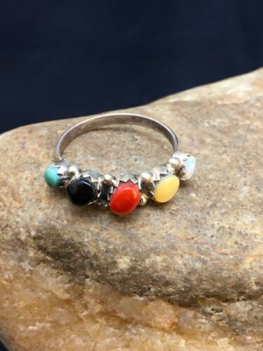 Zuni Blue Opal, Coral & Turquoise Ring | Authentic Native American Sterling Silver | Multi-Stone | Sz 6.5 | 08999