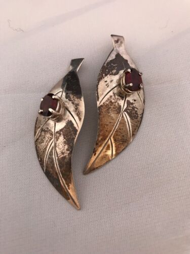 Handmade Feather Garnet Earrings | Old Pawn Sterling Silver | 2" | 13064