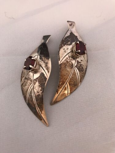 Handmade Feather Garnet Earrings | Old Pawn Sterling Silver | 2" | 13064 - Masha USA