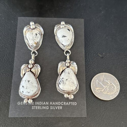 Navajo White Buffalo Turquoise Dangle Earrings | Sterling Silver | 2.5" | Authentic Native American Handmade | 14740
