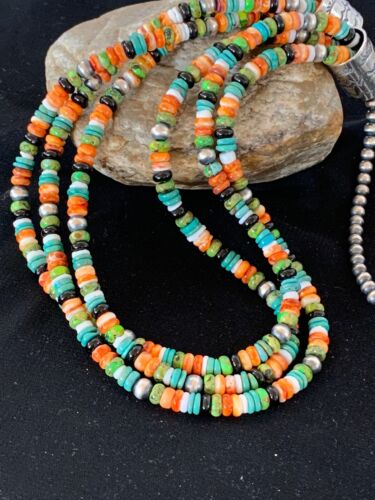 Navajo Green Turquoise, Lapis & Spiny Oyster Necklace | Sterling Silver | Authentic Native American Handmade | 3238