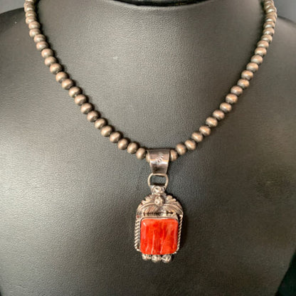 Navajo Red Spiny Oyster Square Pendant Necklace | Sterling Silver | Authentic Native American Handmade | 13634