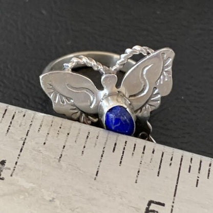 Navajo Navy Blue Lapis Butterfly Ring | Sterling Silver | Sz Adj 8 | Authentic Native American Handmade | 10352