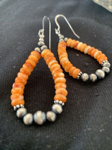 Southwestern Sterling Silver Navajo Pearl Spiny Oyster Bead Earrings | 2" | Authentic Native American Handmade | 854